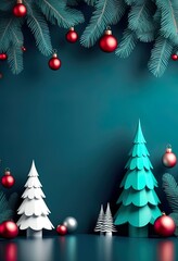 Wall Mural - A festive Christmas image featuring teal background, red and silver ornaments hanging from stylized pine branches with red bows. Minimalist, elegant design