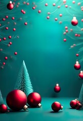 Wall Mural - A festive Christmas image featuring teal background, red and silver ornaments hanging from stylized pine branches with red bows. Minimalist, elegant design