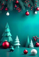 Wall Mural - A festive Christmas image featuring teal background, red and silver ornaments hanging from stylized pine branches with red bows. Minimalist, elegant design