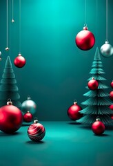 Wall Mural - A festive Christmas image featuring teal background, red and silver ornaments hanging from stylized pine branches with red bows. Minimalist, elegant design