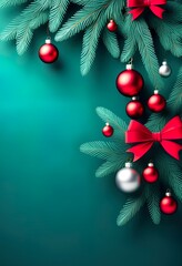 Wall Mural - A festive Christmas image featuring teal background, red and silver ornaments hanging from stylized pine branches with red bows. Minimalist, elegant design