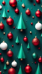 Wall Mural - A festive Christmas image featuring teal background, red and silver ornaments hanging from stylized pine branches with red bows. Minimalist, elegant design