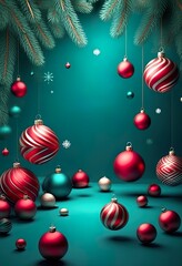 Wall Mural - A festive Christmas image featuring teal background, red and silver ornaments hanging from stylized pine branches with red bows. Minimalist, elegant design