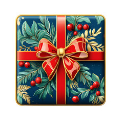 Aufkleber - Square christmas gift box wrapped in blue floral paper, adorned with a red ribbon and bow, featuring a golden frame, on a transparent background