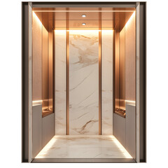 Poster - Luxurious marble walls, soft lighting, and polished metal finish in an empty elevator cabin against a transparent background