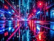 © Arnada - Dark Street Reflections: Neon Lights and Laser Rays on Wet Asphalt in a Night Cityscape with Abstract Blue Background