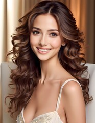 Wall Mural - A portrait of a gorgeous young woman with long, flowing brown curls, a radiant smile, and flawless skin. She is wearing a beautiful, embellished, off the shoulder, light beige dress.