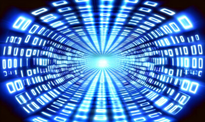 Abstract binary code tunnel, glowing blue digits, digital data stream, futuristic technology background.