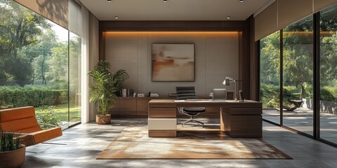 Wall Mural - A modern and spacious home office with large glass windows overlooking a serene garden, featuring a sleek desk and contemporary decor elements.