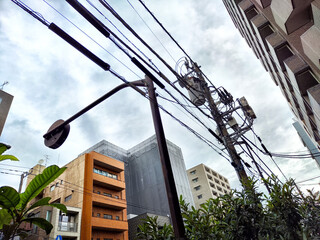 Wall Mural - Old pole with wires against the sky. Electric transmission line. Eco-friendly energy