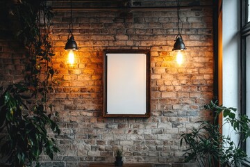 Wall Mural - Blank Frame on Brick Wall with Plants and Lights