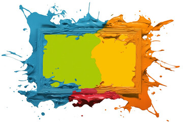 Poster - Colorful paint splashes frame vibrant photo area, creating dynamic and artistic border. splashes in blue, orange, red, and green add lively and creative touch to design