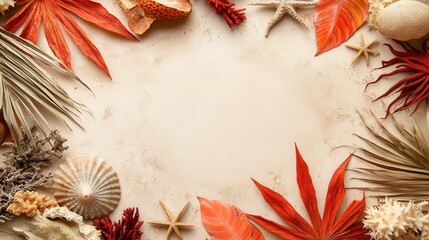 Wall Mural - Natural elements create a vibrant border with shells and colorful leaves laid against a textured background