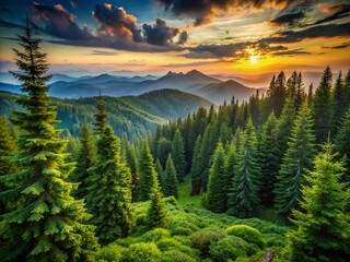 Wall Mural - Enchanting Low Light Photography of a Lush Green Pine Forest in the Wilderness Mountains Showcasing Fresh Growth and Serene Natural Beauty at Dusk