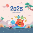 © YOUSUK - Korean New Year. Blue snake family and lucky bag to welcome the New Year. Translation: '2025, Happy New Year'
