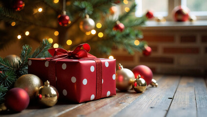 a beautifully wrapped christmas gift nestled among twinkling lights, ornaments, and pine branches, e