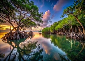 Wall Mural - Enigmatic Low Light Photography of Mangrove Forest with Rich Textures and Mystical Reflections, Capturing the Essence of Nature's Tranquility and Biodiversity at Dusk