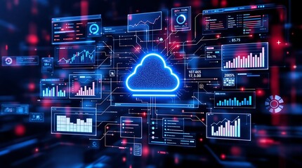 Digital Interface with Cloud Icons and Graphs Representing Cloud Cost Management and Optimization