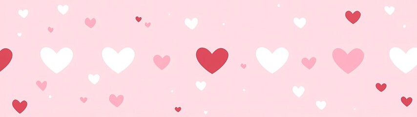 Pink background with white and red hearts, a seamless vector pattern with a pink heart border, a simple flat illustration in pastel colors