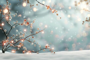 Wall Mural - A tree branch covered in snow and lights