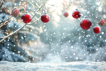 Wall Mural - A snowy landscape with red and white Christmas ornaments hanging from a tree