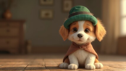 Wall Mural - A small dog wearing a green hat sitting on a wooden floor