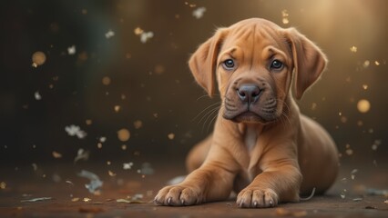 Wall Mural - A brown dog laying on the ground with a lot of dust around it