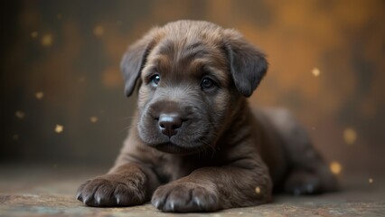 Wall Mural - A brown puppy laying on the ground looking at the camera