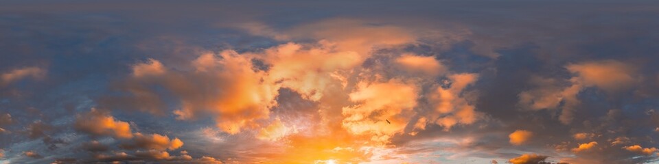 Wall Mural - 360 panorama of glowing sunset sky with bright pink Cumulus clouds. HDR 360 seamless spherical panorama. Full zenith or sky dome sky replacement for aerial drone panoramas. Climate and weather change.