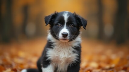 Wall Mural - A black and white dog sitting in a pile of leaves