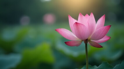 Canvas Print - A pink lotus flower in the middle of a green field