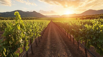 Wall Mural - Sunset over a sprawling vineyard, with rows of grapevines stretching toward distant mountains, each vine bathed in the warm, golden light of the setting sun.