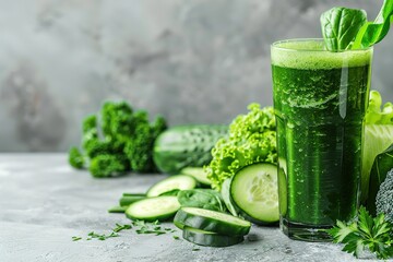 Wall Mural - A glass of green juice is on a table with a bunch of cucumbers and spinach