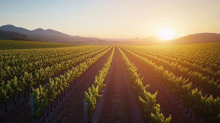 Wall Mural - Sunset over a sprawling vineyard, with rows of grapevines stretching toward distant mountains, each vine bathed in the warm, golden light of the setting sun.