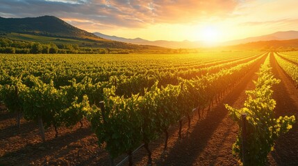 Wall Mural - Sunset over a sprawling vineyard, with rows of grapevines stretching toward distant mountains, each vine bathed in the warm, golden light of the setting sun.