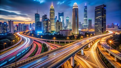 High Depth of Field Night Scene of Megacity Highway in Shanghai, China Capturing Light Trails and Urban Vibes with Vibrant City Lights and Busy Traffic Flow