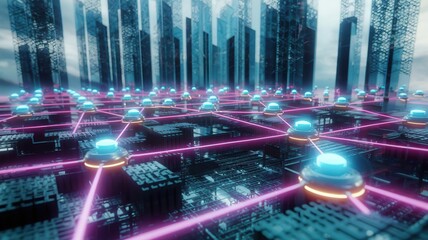 Wall Mural - high-tech energy grid with glowing nodes connected by neon lines. the grid is set against a futurist