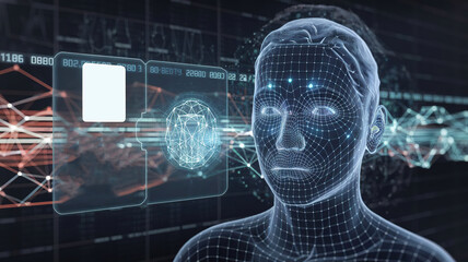 Wall Mural - there is a holographic face scan of a person.