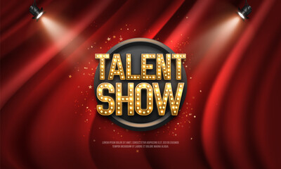 bright talent show sign on red curtain background illuminated by spotlights. vector illustration.