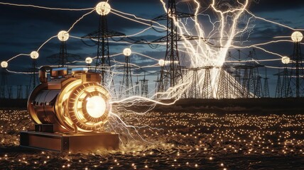 Wall Mural - concept scene with a glowing generator in the foreground. the generator is emitting bright yellow an