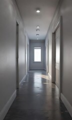  Empty corridor with a single window on one side, long corridor, single window