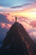 © Espresso - A solitary male hiker stands atop a mountain peak, surrounded by dramatic clouds at sunset, evoking a sense of adventure.