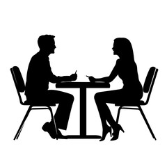 vector silhouette of a man and a woman at a table negotiating on a white background . Generative AI