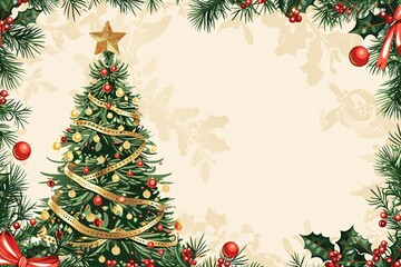 Wall Mural - A Christmas tree with a star on top is surrounded by red berries