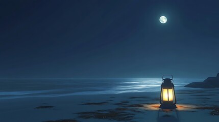 Wall Mural - a solitary lantern glowing softly on a moonlit beach with the sea in the background