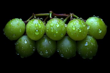 Wall Mural - A close-up of green grapes with water droplets on a black background.