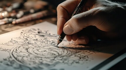 Wall Mural - a close-up of an architectâ€™s hand drawing intricate design elements on paper or digitally
