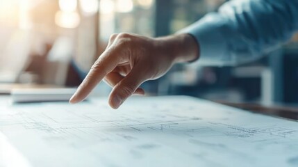 Wall Mural - a close-up of an architect's hand pointing at specific details on a building plan during a meeting