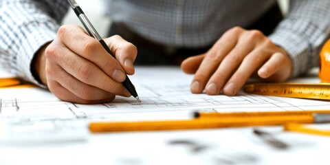 Wall Mural - a close-up shot of an architectâ€™s hands holding tools while sketching on paper or a drafting board