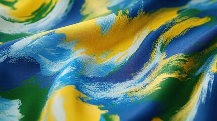 an abstract fabric pattern with swirling brushstrokes in vibrant hues of blue, green, and yellow